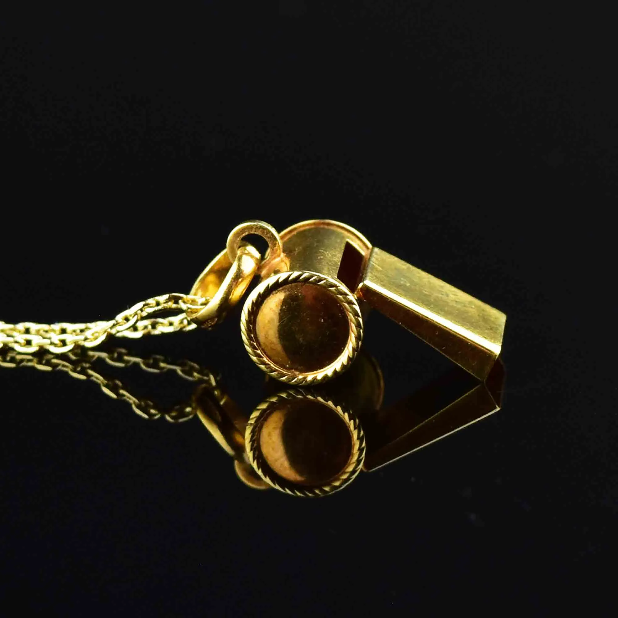 18K Solid Gold Working Whistle Pendant Necklace