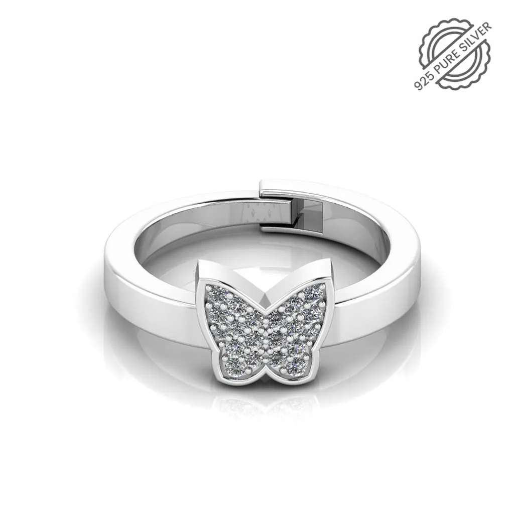 925 Sterling Silver Diamond studded Freesize Butterfly Ring