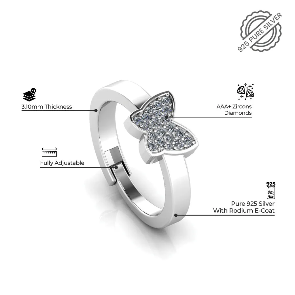 925 Sterling Silver Diamond studded Freesize Butterfly Ring