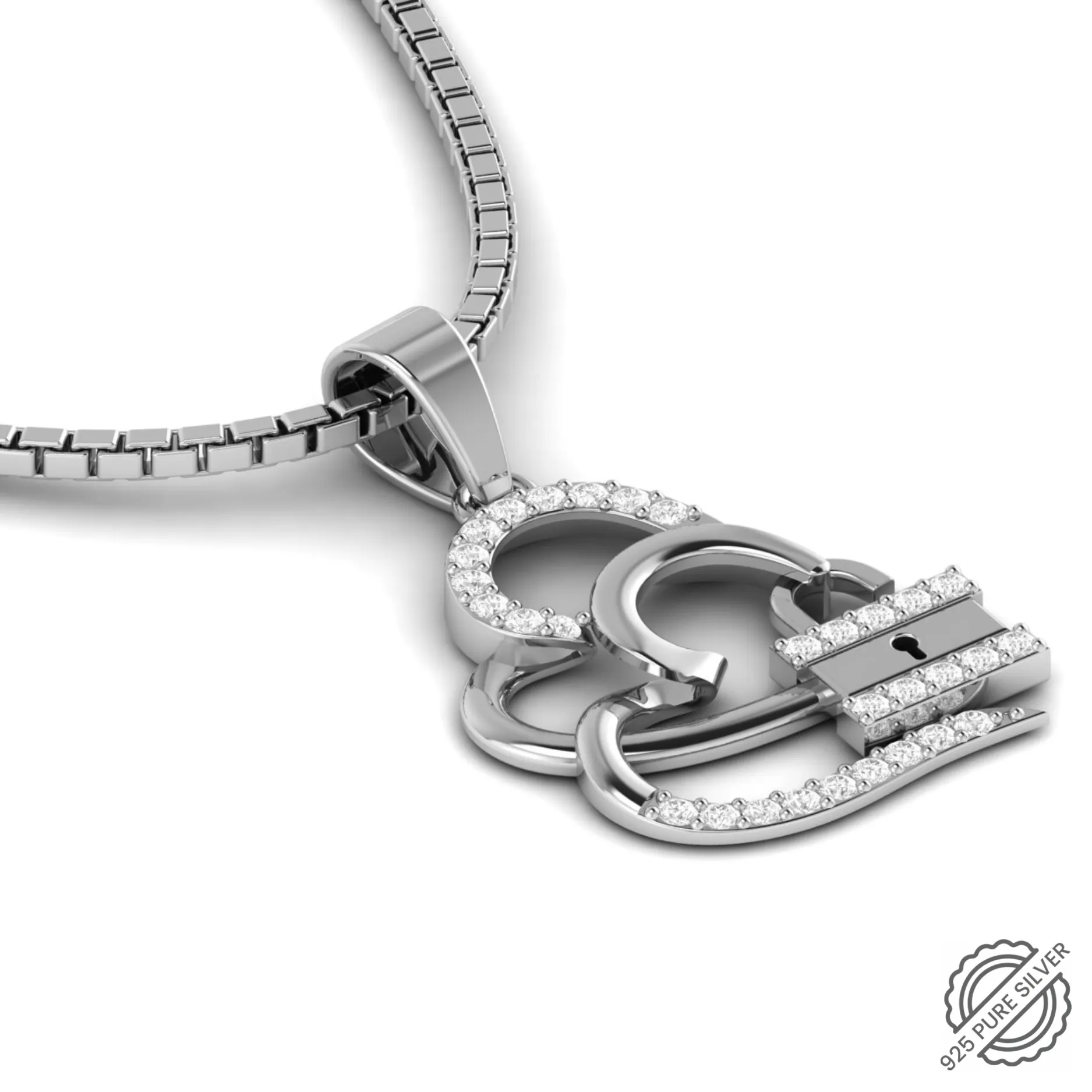 925 Sterling Silver Double Heart Pendant with pure silver link Chain