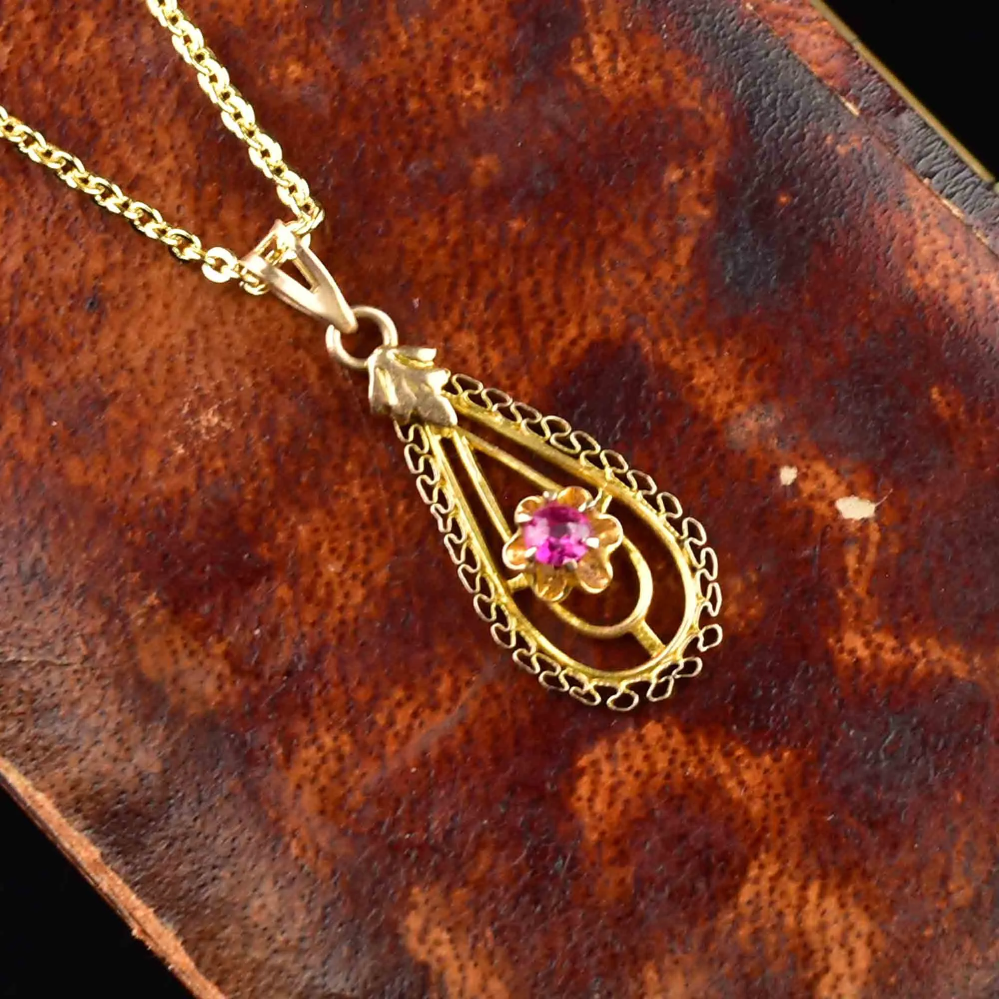 Antique 10K Gold Ruby Lavalier Pendant Necklace