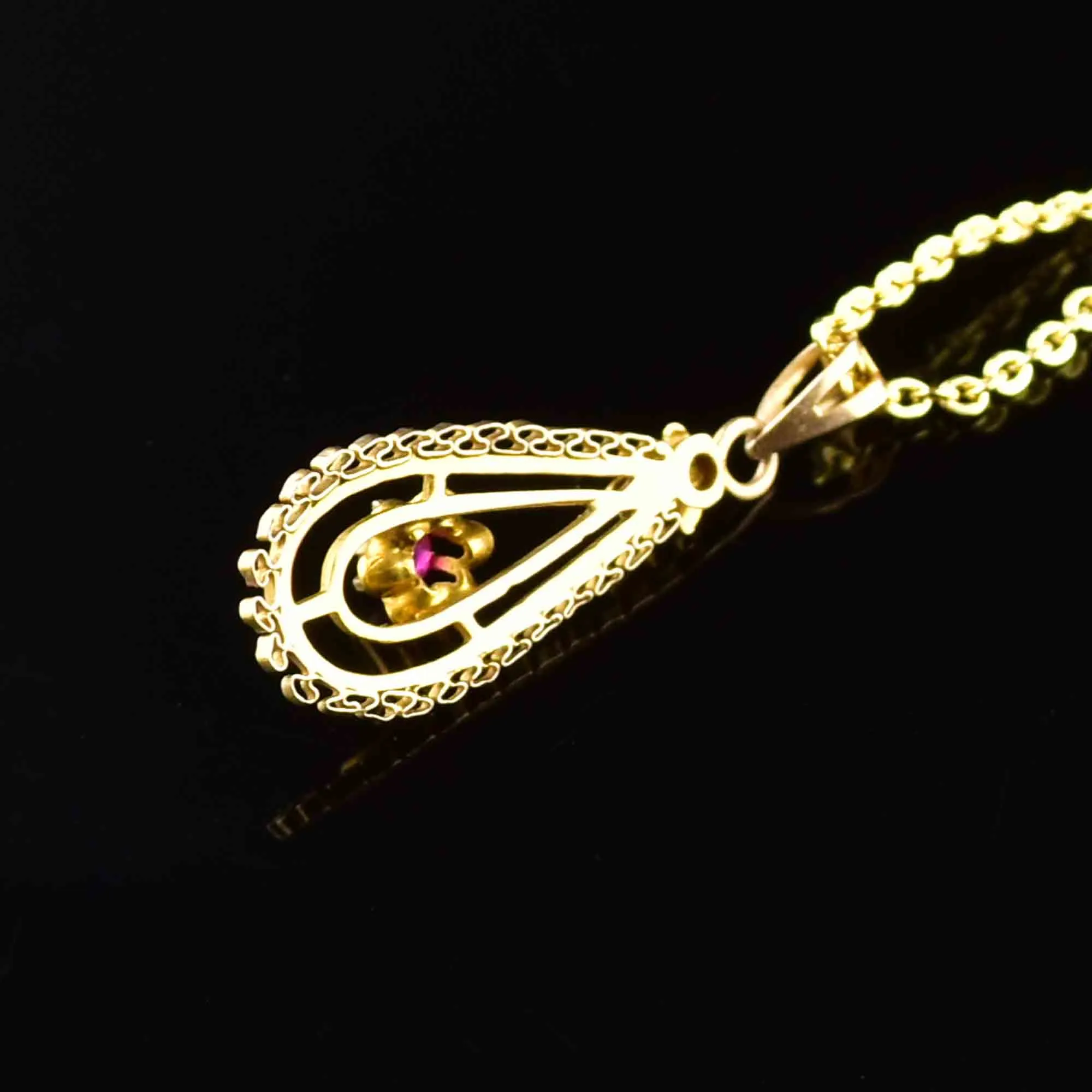 Antique 10K Gold Ruby Lavalier Pendant Necklace