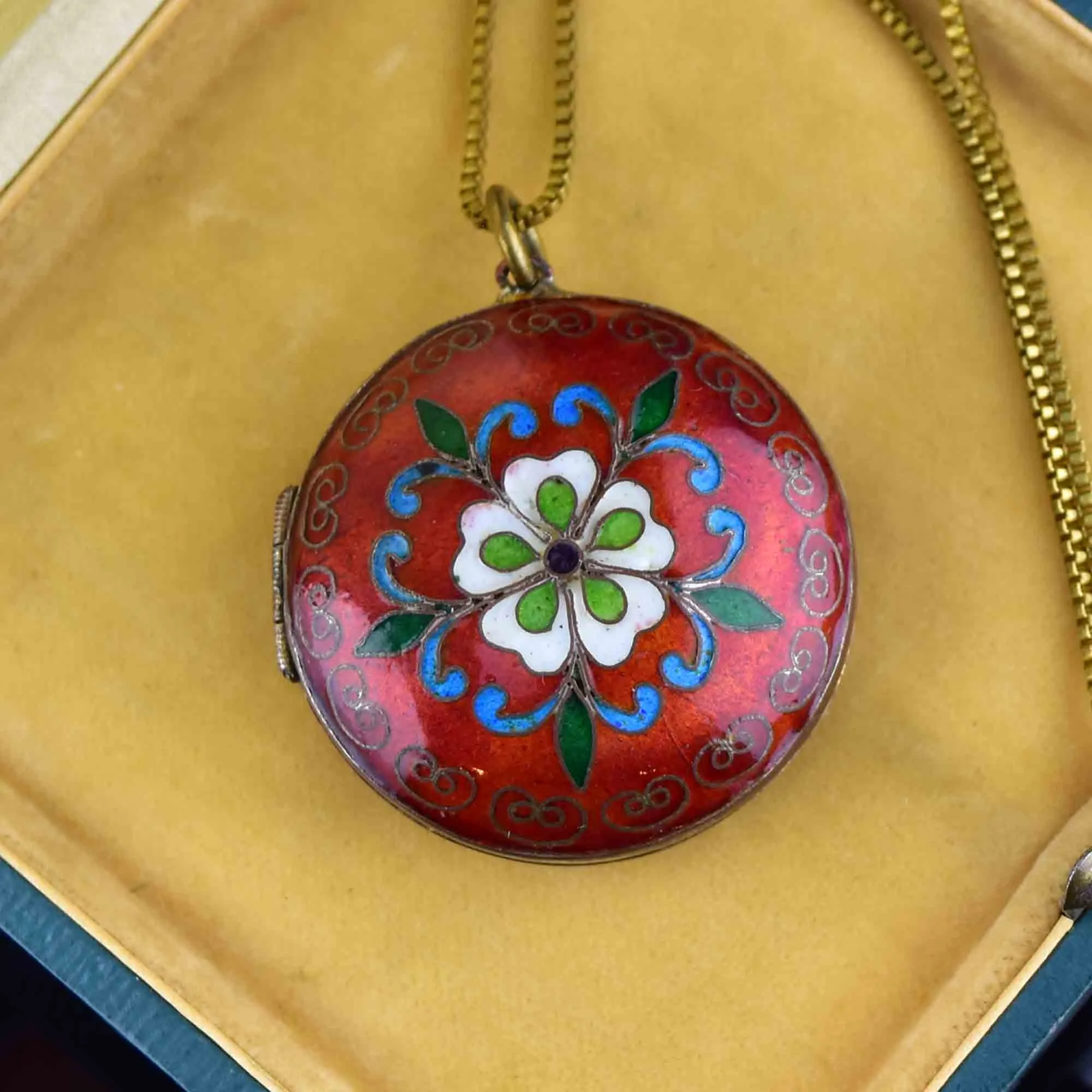 Antique Floral Enamel Keepsake Locket Necklace