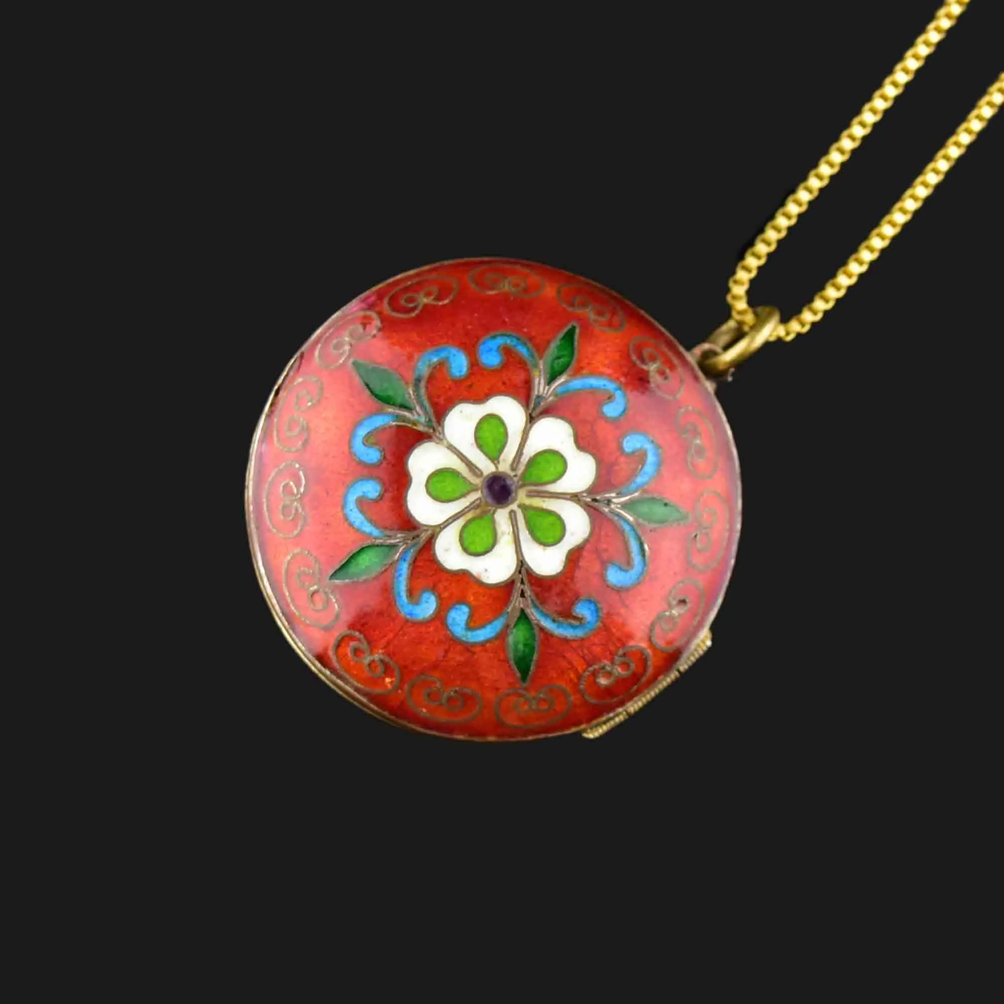 Antique Floral Enamel Keepsake Locket Necklace