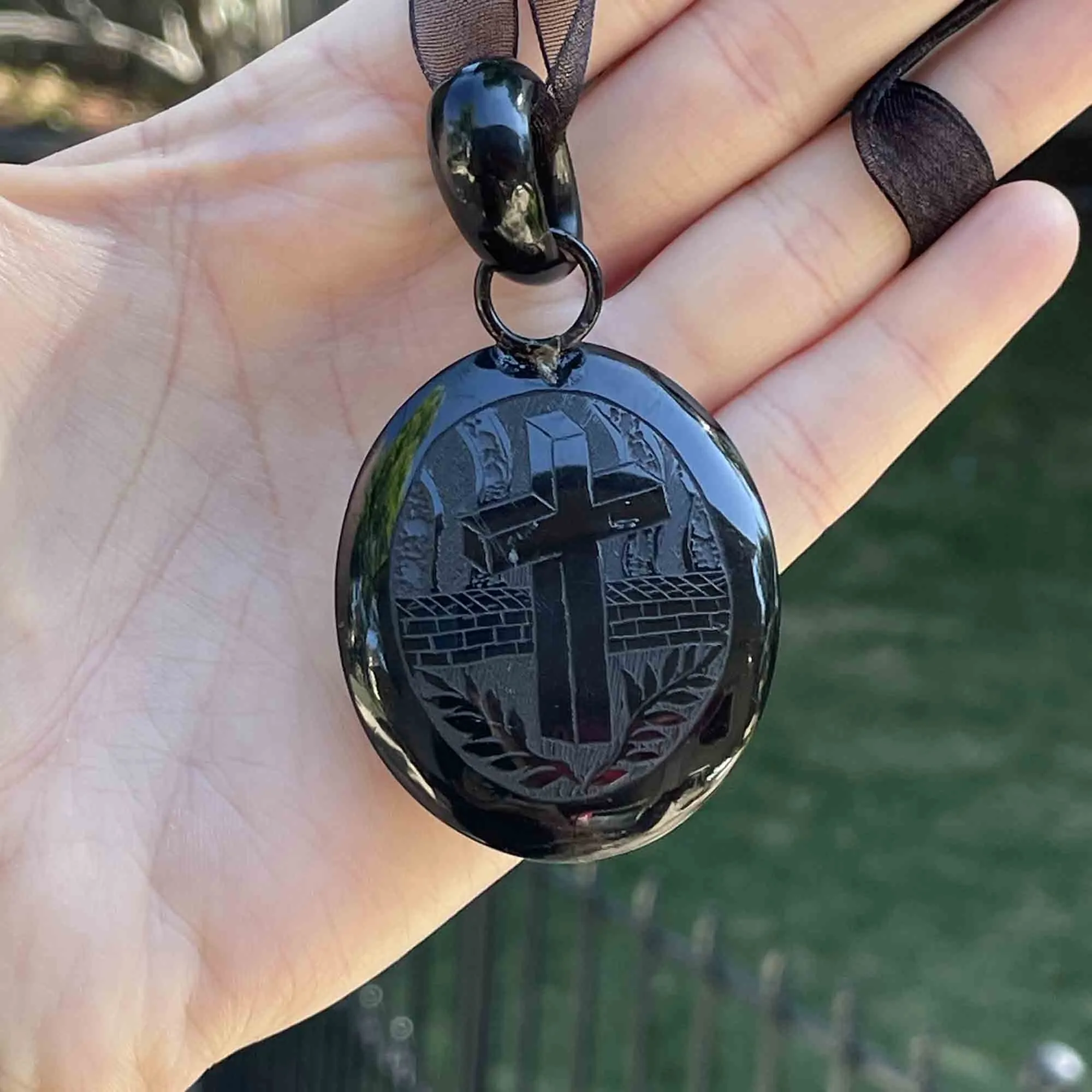 Antique Victorian Carved Whitby Jet Cross Locket