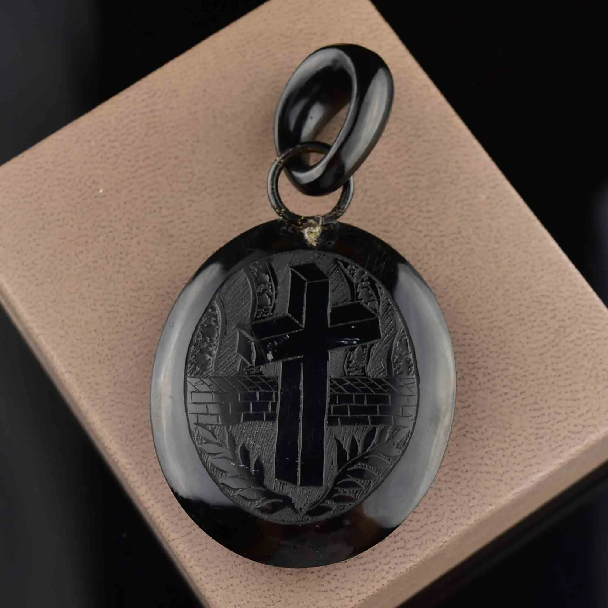 Antique Victorian Carved Whitby Jet Cross Locket