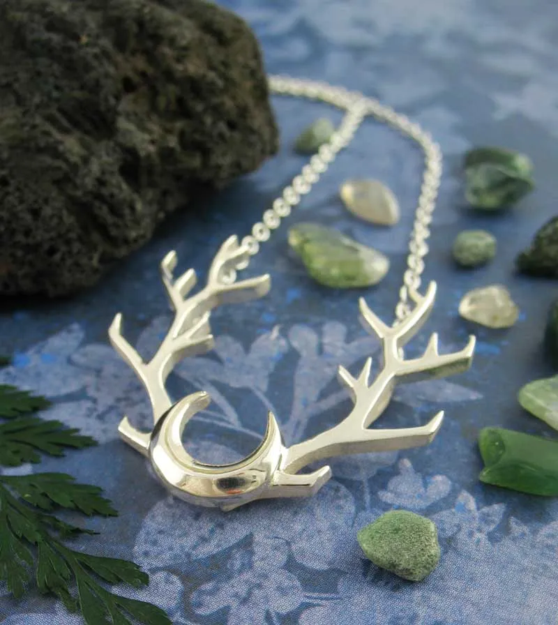 Antlers with Crescent Moon Necklace, Handmade