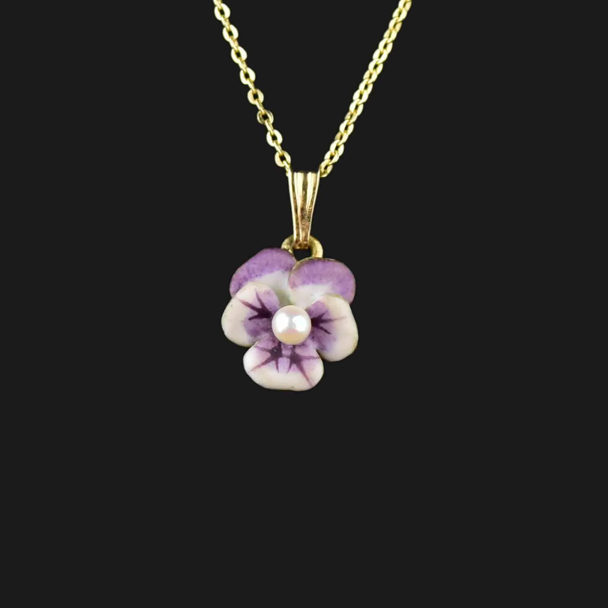 Art Nouveau 14K Gold Enamel Pearl Pansy Flower Necklace