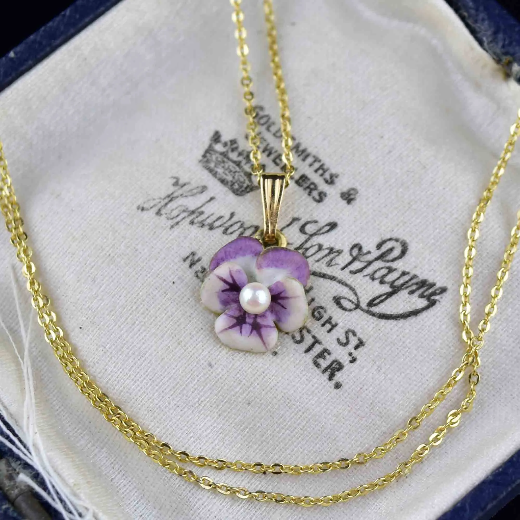 Art Nouveau 14K Gold Enamel Pearl Pansy Flower Necklace