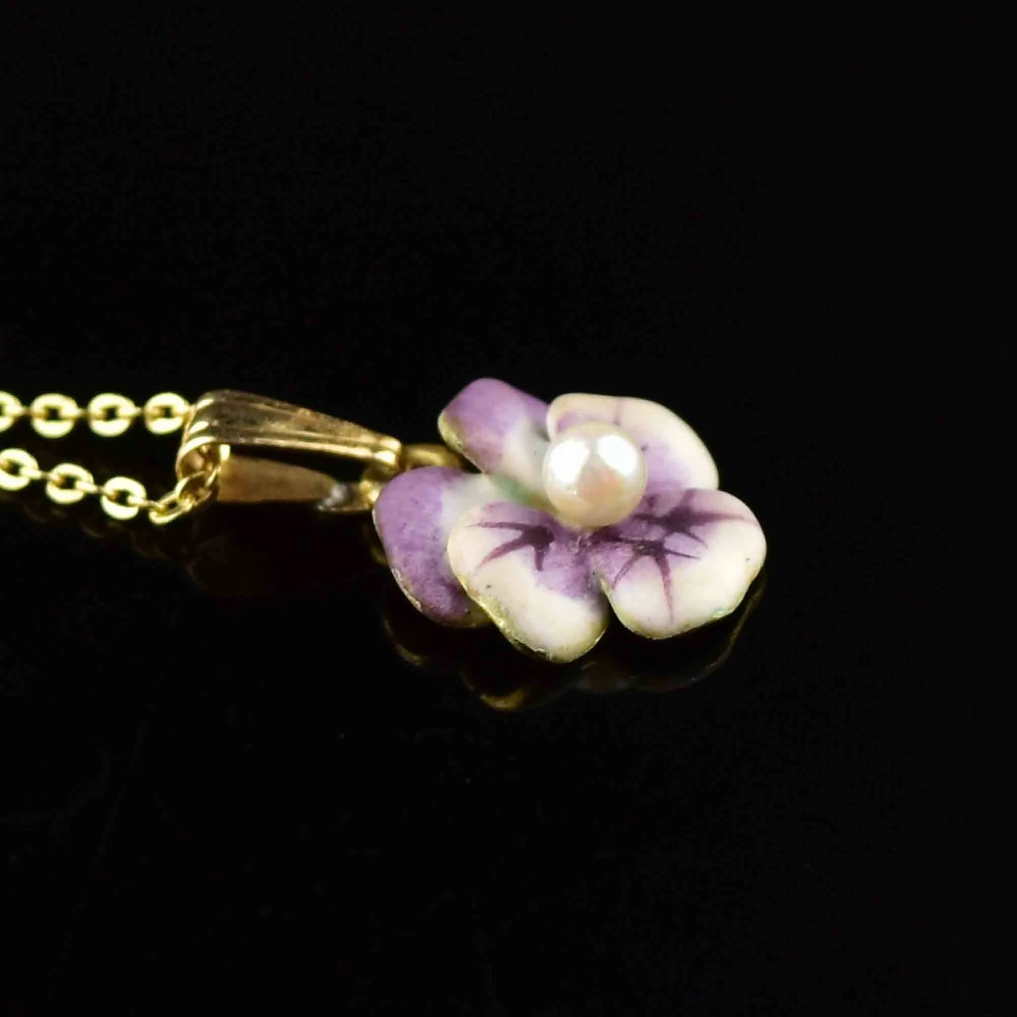 Art Nouveau 14K Gold Enamel Pearl Pansy Flower Necklace