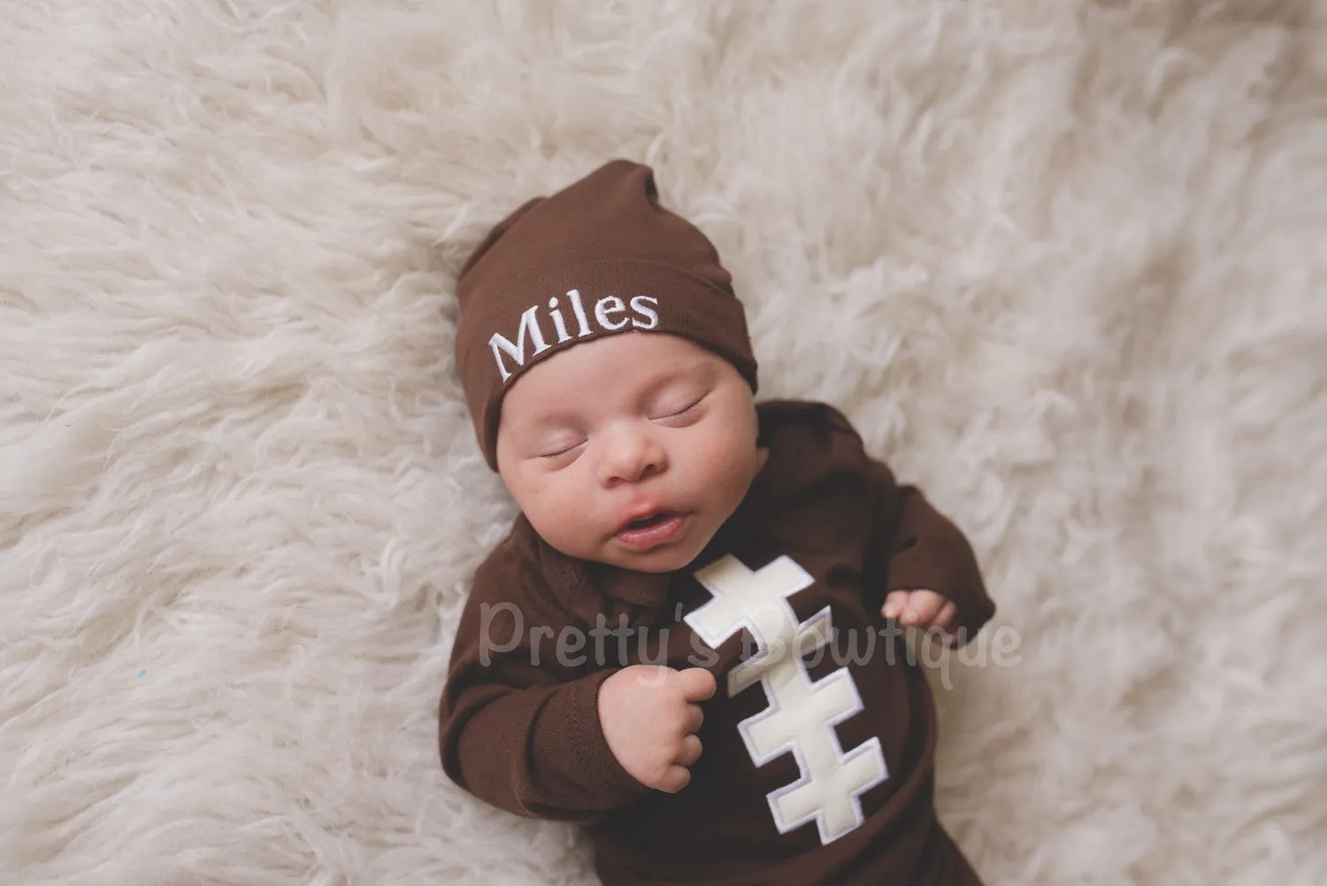 Baby Boy Coming Home Outfit -- Football Lace Gown & Hat with Embroidered Name -- Baby Boy Football outfit