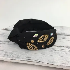 Beaded Football Knot Headband - Black & Gold