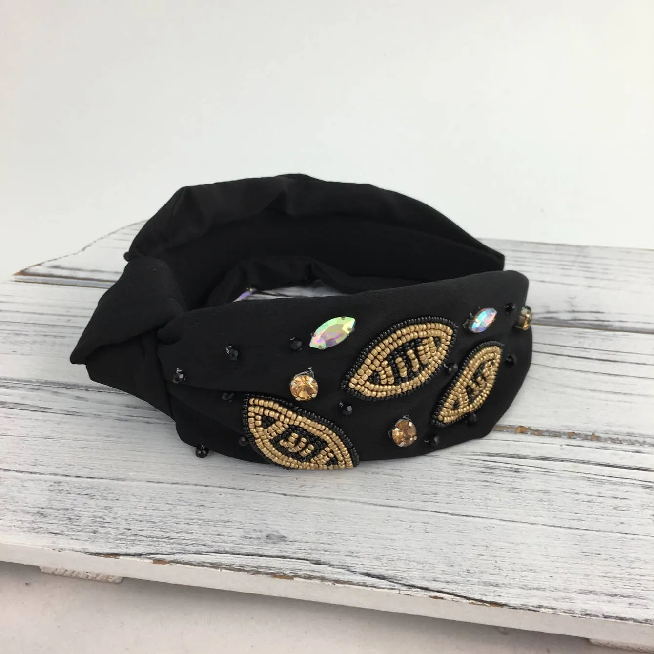 Beaded Football Knot Headband - Black & Gold