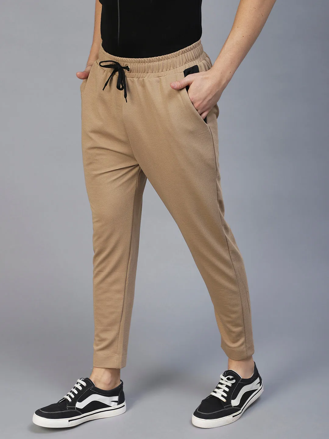 Beige Colourblock Poly Corduroy Jogger