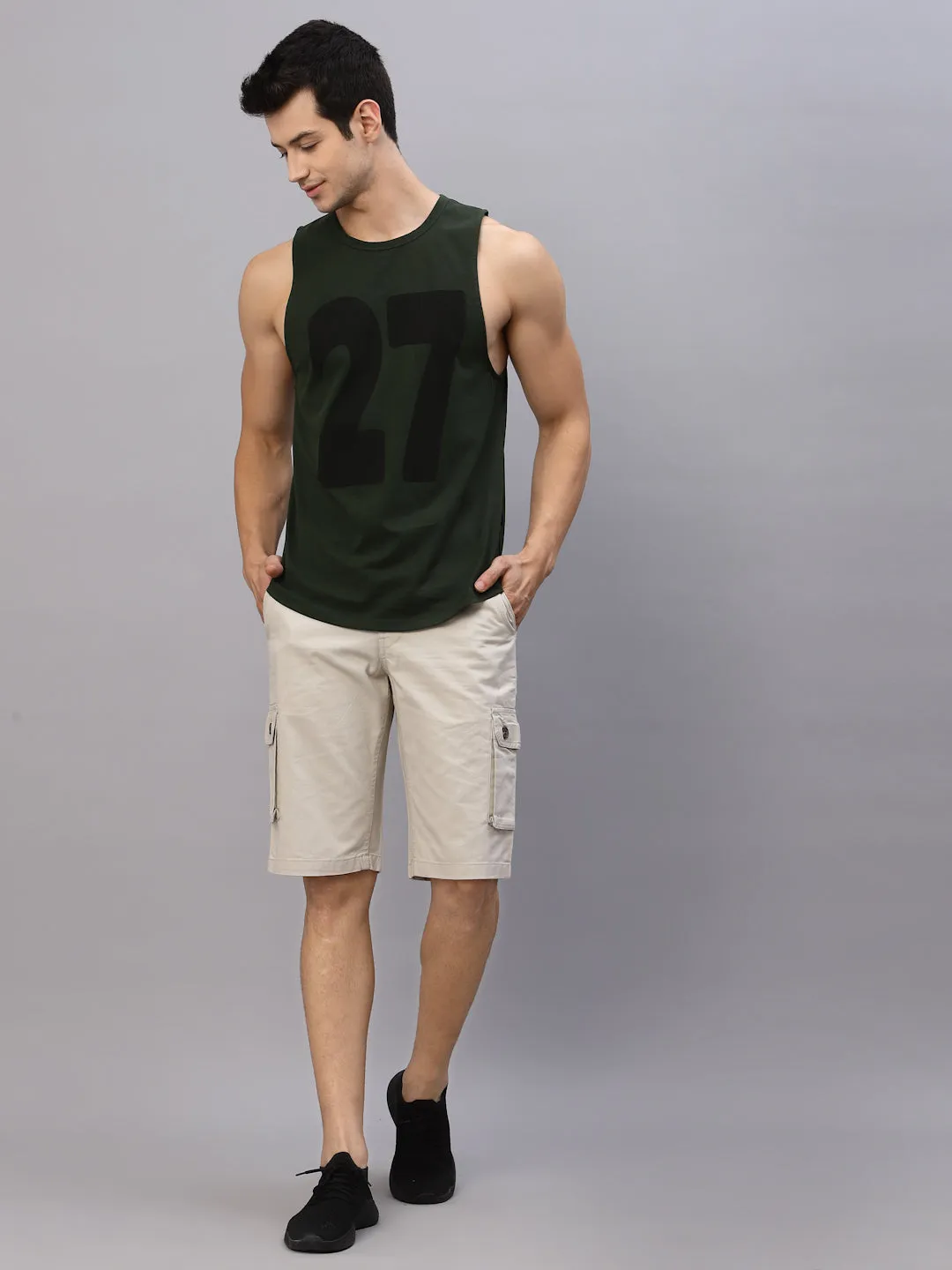 Bottle Green Numerical Print Round Neck Sleeveless T-Shirt Vest