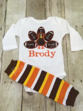 Boys Thanksgiving bodysuit or Shirt for babies, toddler, and children.  Football Turkey Shirt and legwarmers