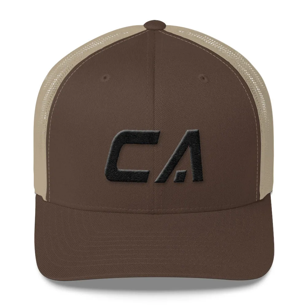 California - Mesh Back Trucker Cap - Black Embroidery - CA - Many Hat Color Options Available