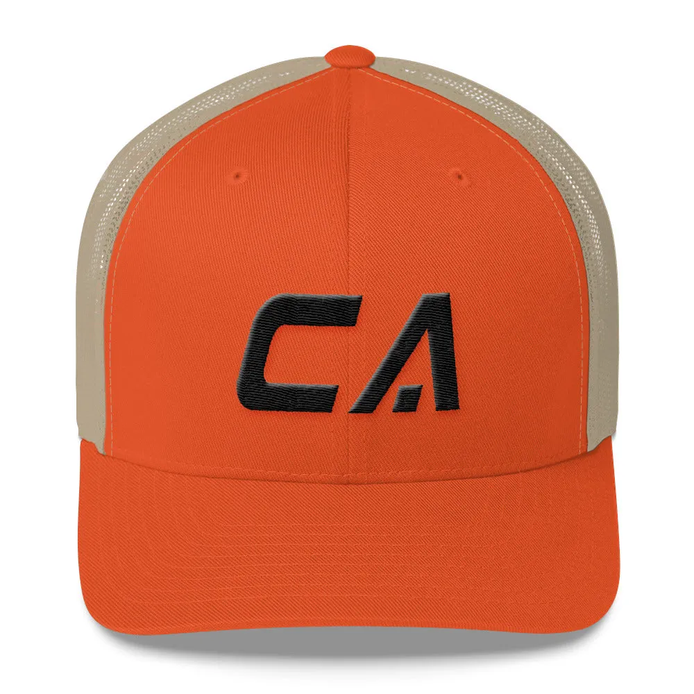 California - Mesh Back Trucker Cap - Black Embroidery - CA - Many Hat Color Options Available