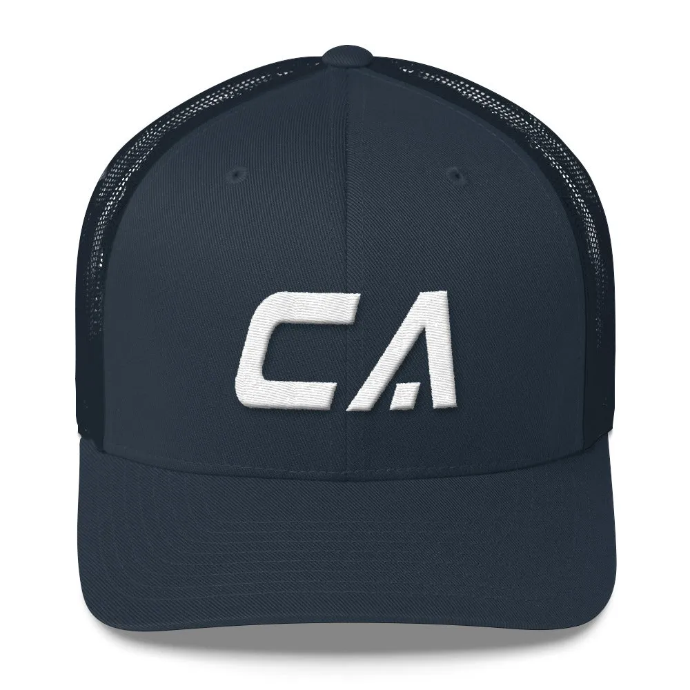 California - Mesh Back Trucker Cap - White Embroidery - CA - Many Hat Color Options Available