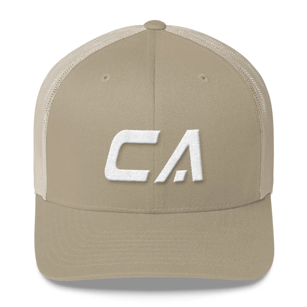 California - Mesh Back Trucker Cap - White Embroidery - CA - Many Hat Color Options Available