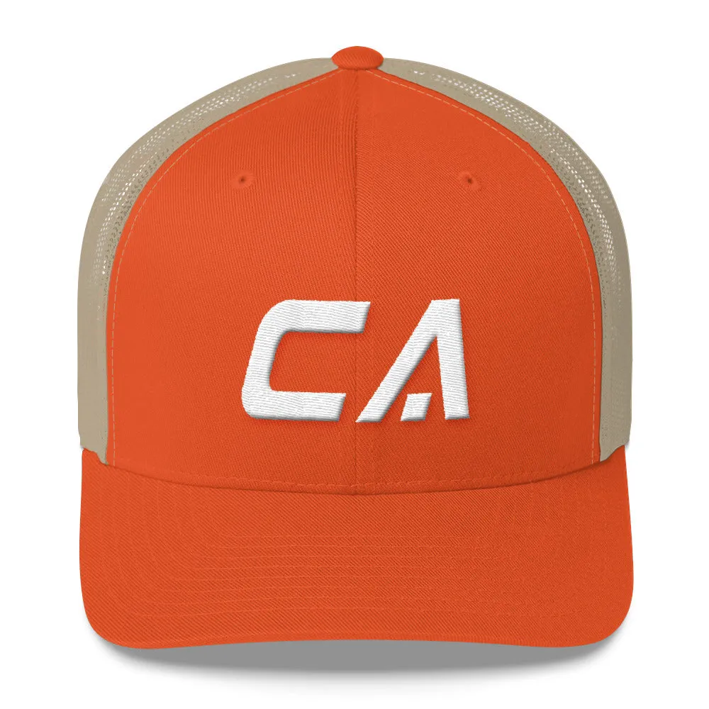 California - Mesh Back Trucker Cap - White Embroidery - CA - Many Hat Color Options Available