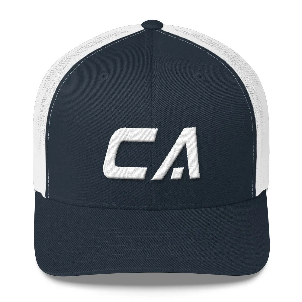 California - Mesh Back Trucker Cap - White Embroidery - CA - Many Hat Color Options Available