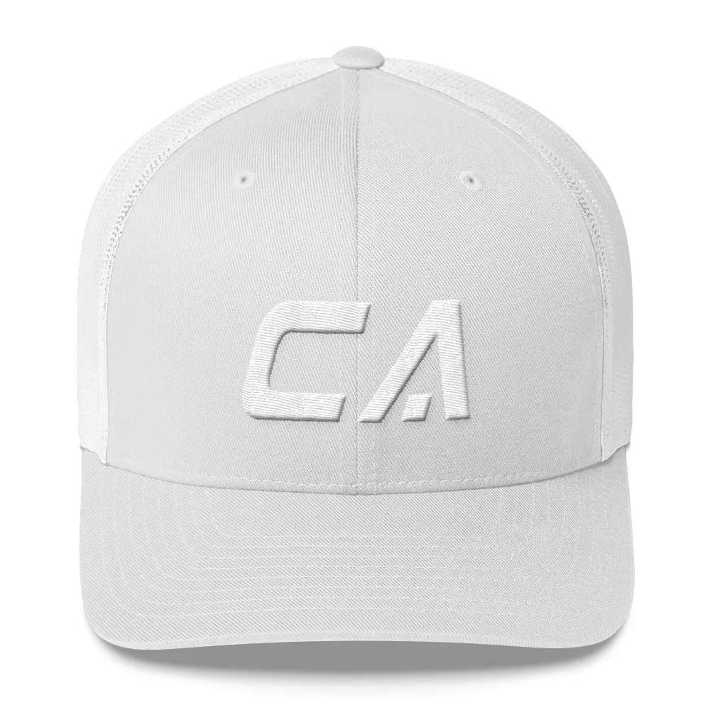 California - Mesh Back Trucker Cap - White Embroidery - CA - Many Hat Color Options Available