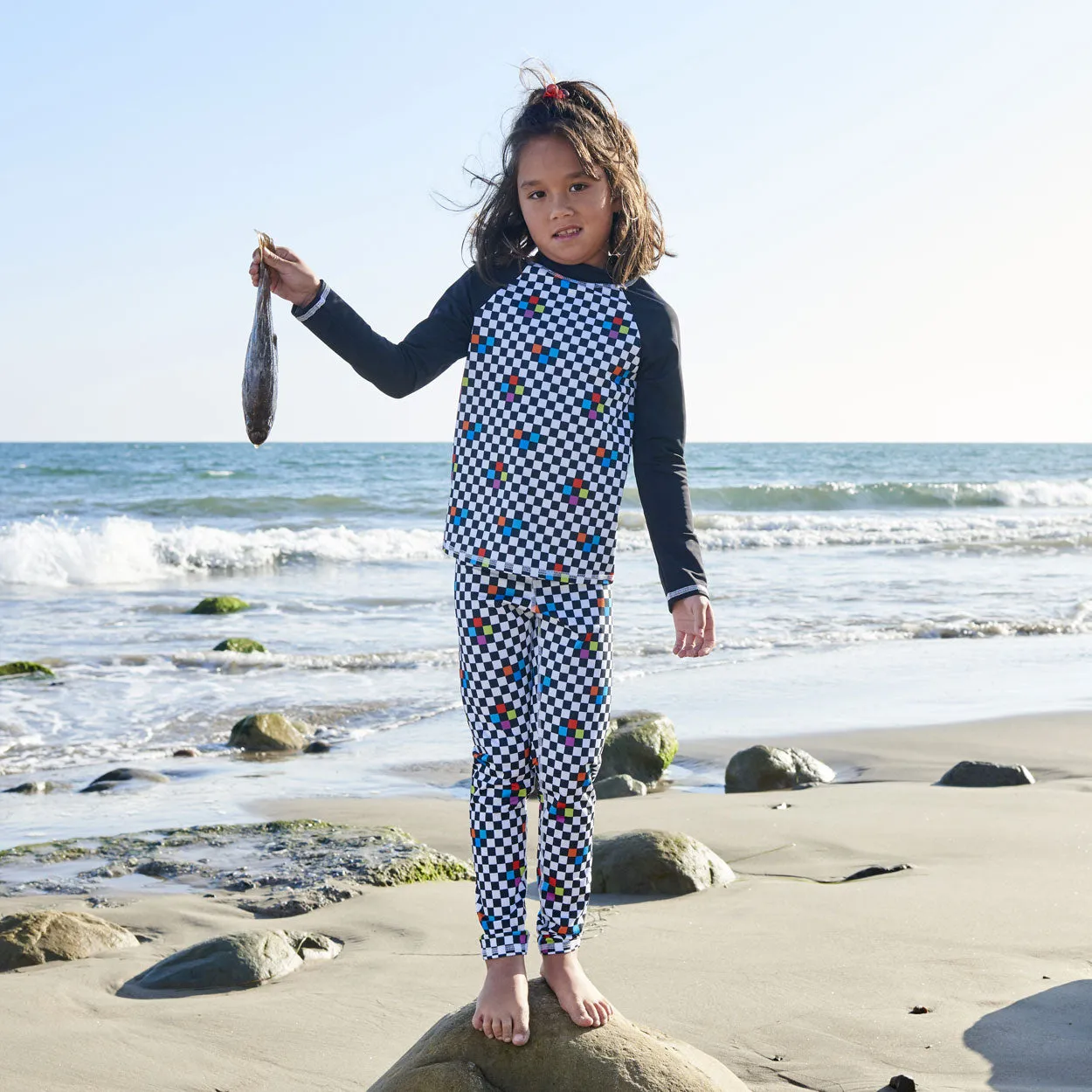 Checkerboard Long Sleeve Rash Guard Top UPF 50  for Kids