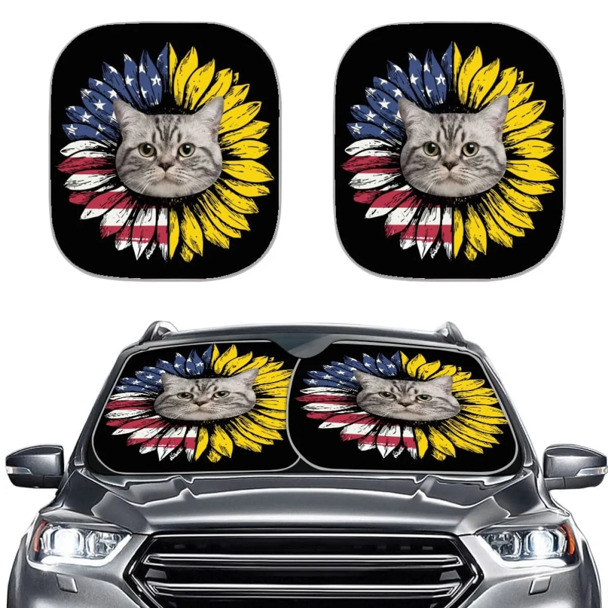 Custom Pet Face Flag Sunflower Car Windshield Sun Shade 2-Piece Personalized Car Front Sunshade