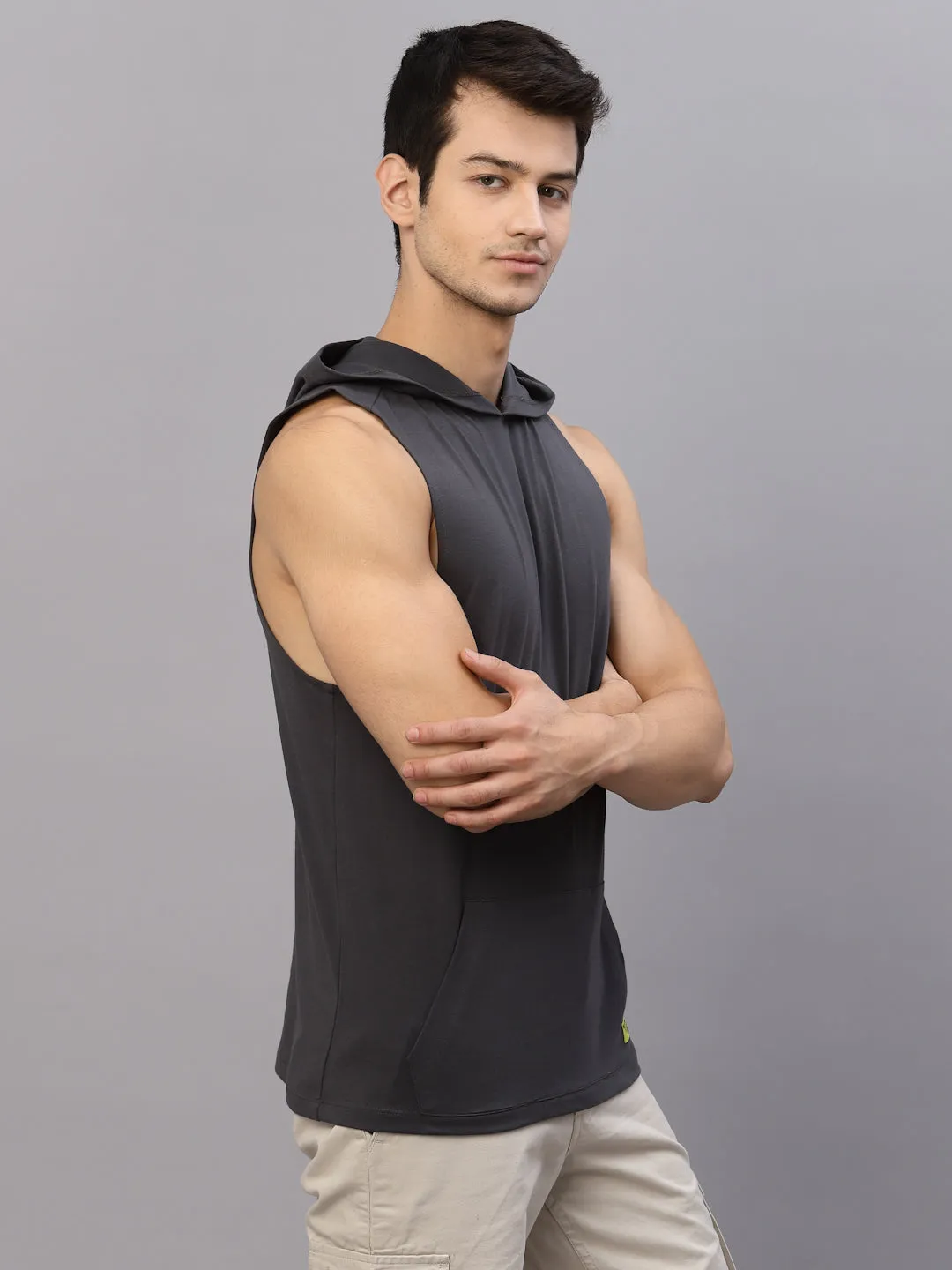 Dark Grey  Hooded With Kangaroo Pocket Sleeveless T-Shirt Vest