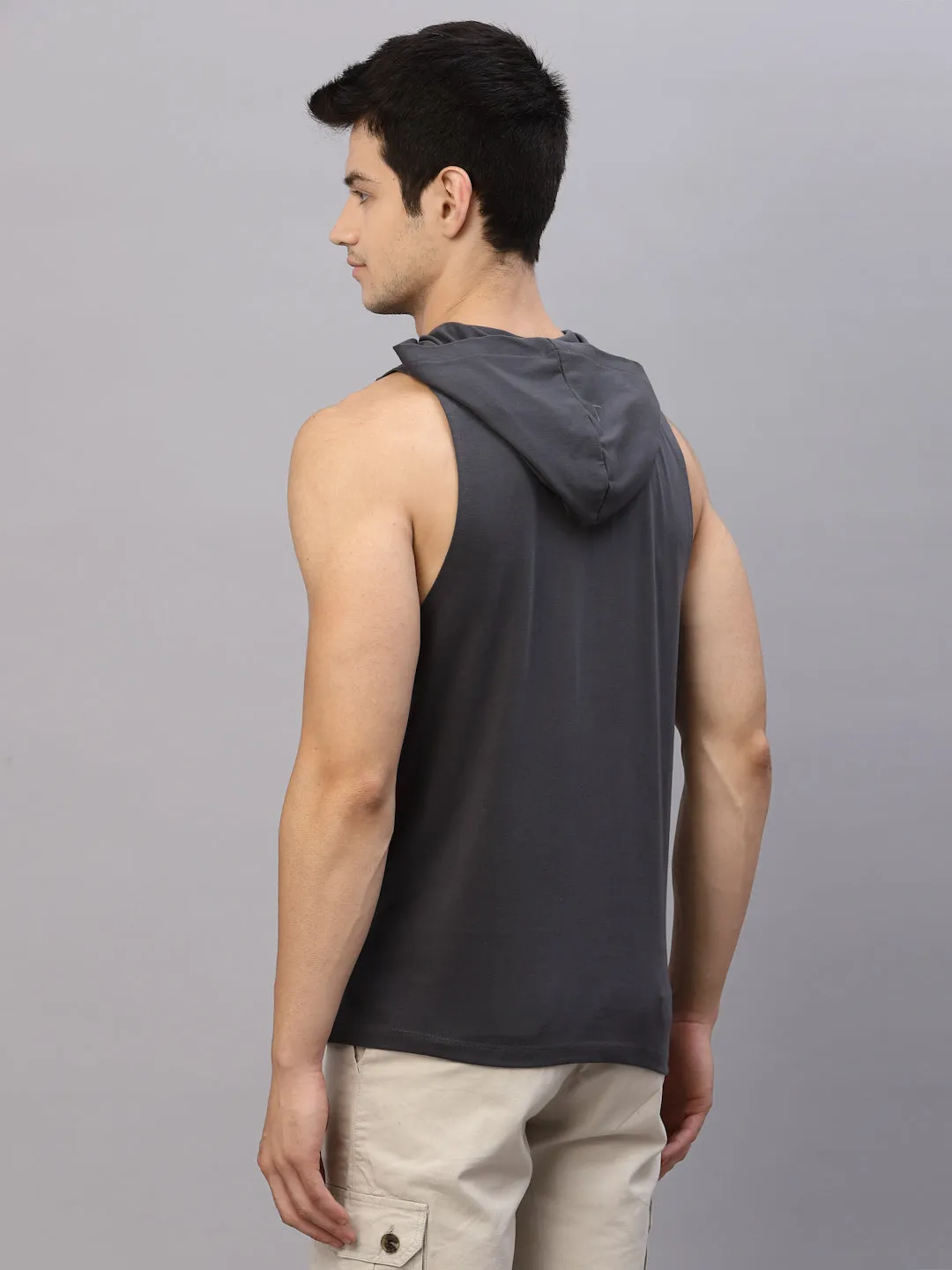 Dark Grey  Hooded With Kangaroo Pocket Sleeveless T-Shirt Vest