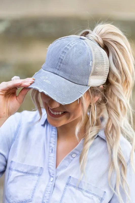 Distressed Messy Bun Hat Cap