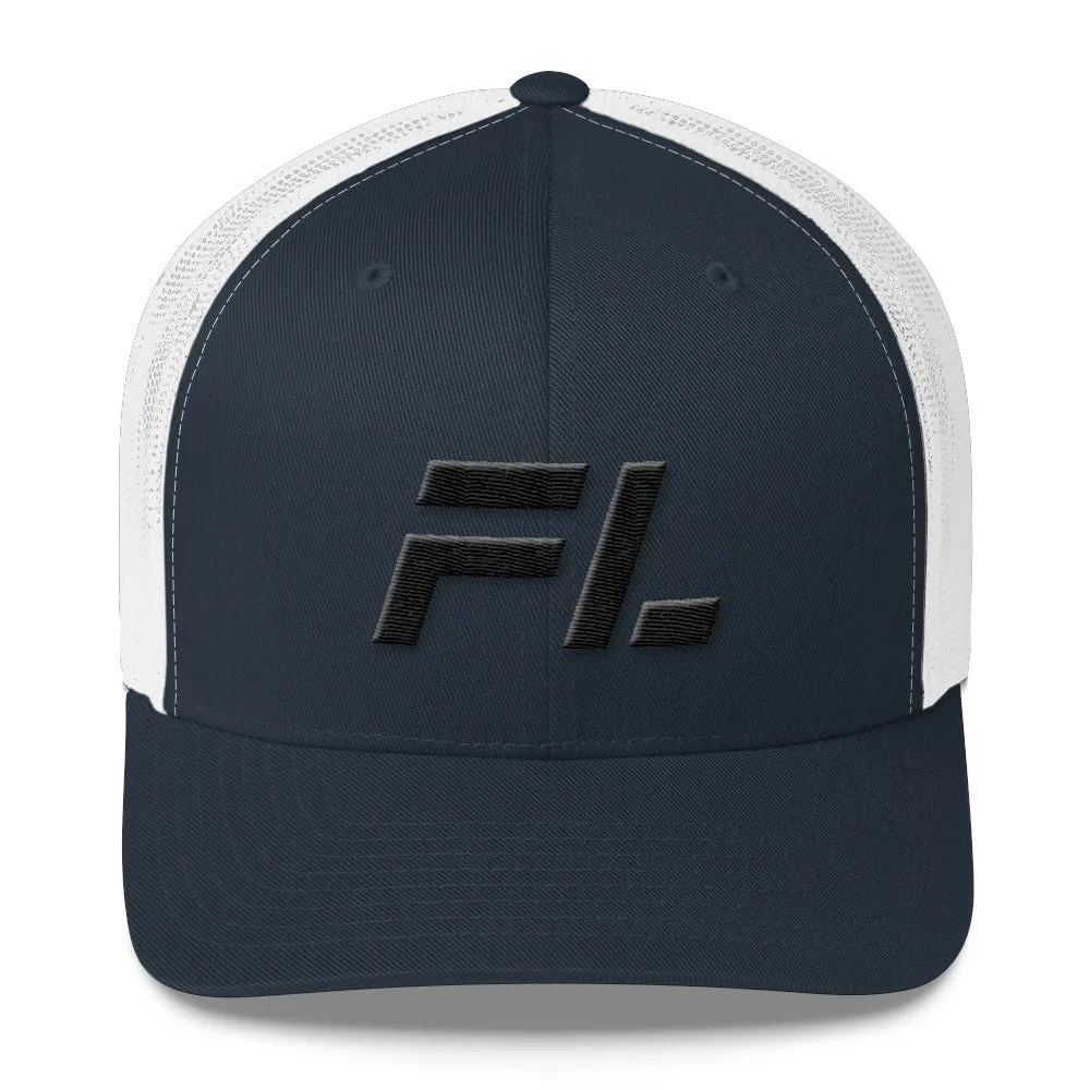 Florida - Mesh Back Trucker Cap - Black Embroidery - FL - Many Hat Color Options Available