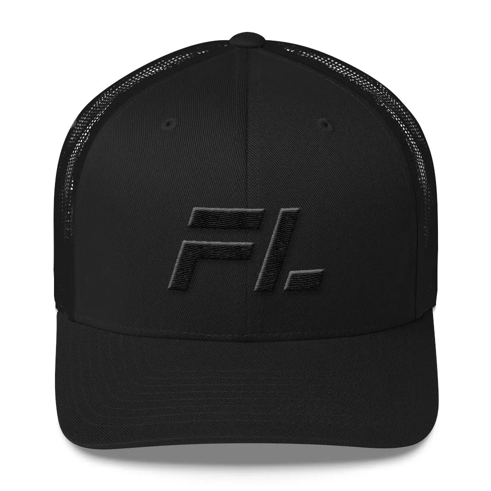 Florida - Mesh Back Trucker Cap - Black Embroidery - FL - Many Hat Color Options Available