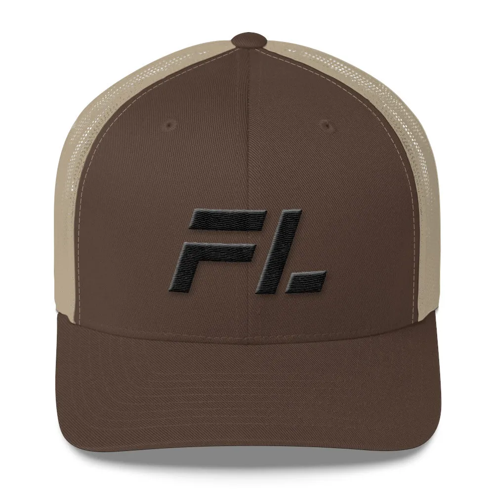 Florida - Mesh Back Trucker Cap - Black Embroidery - FL - Many Hat Color Options Available