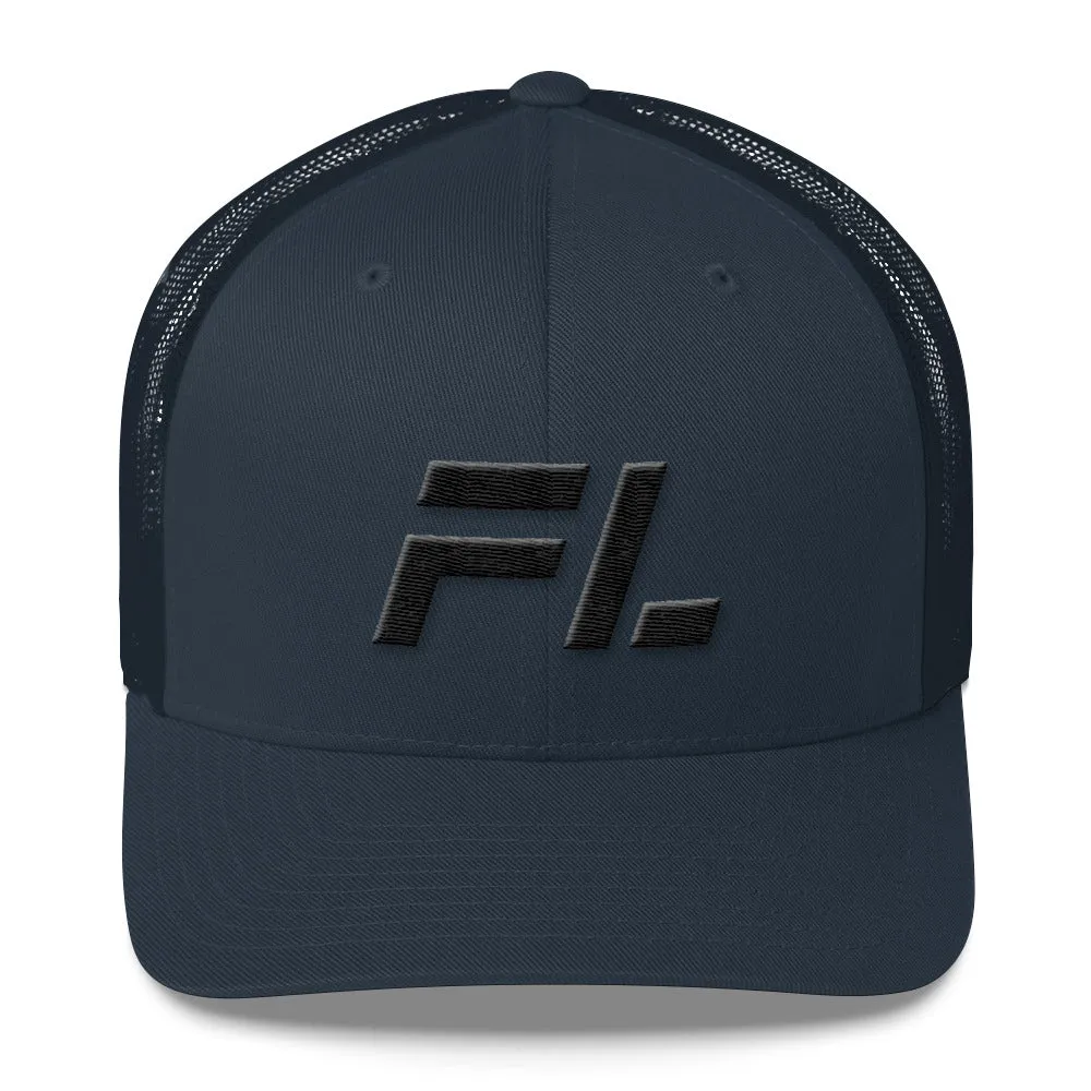 Florida - Mesh Back Trucker Cap - Black Embroidery - FL - Many Hat Color Options Available