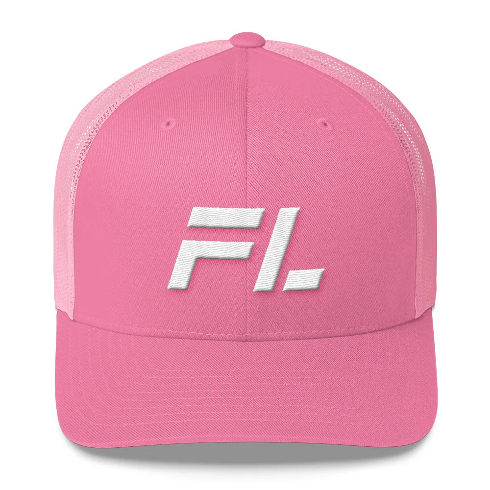 Florida - Mesh Back Trucker Cap - White Embroidery - FL - Many Hat Color Options Available