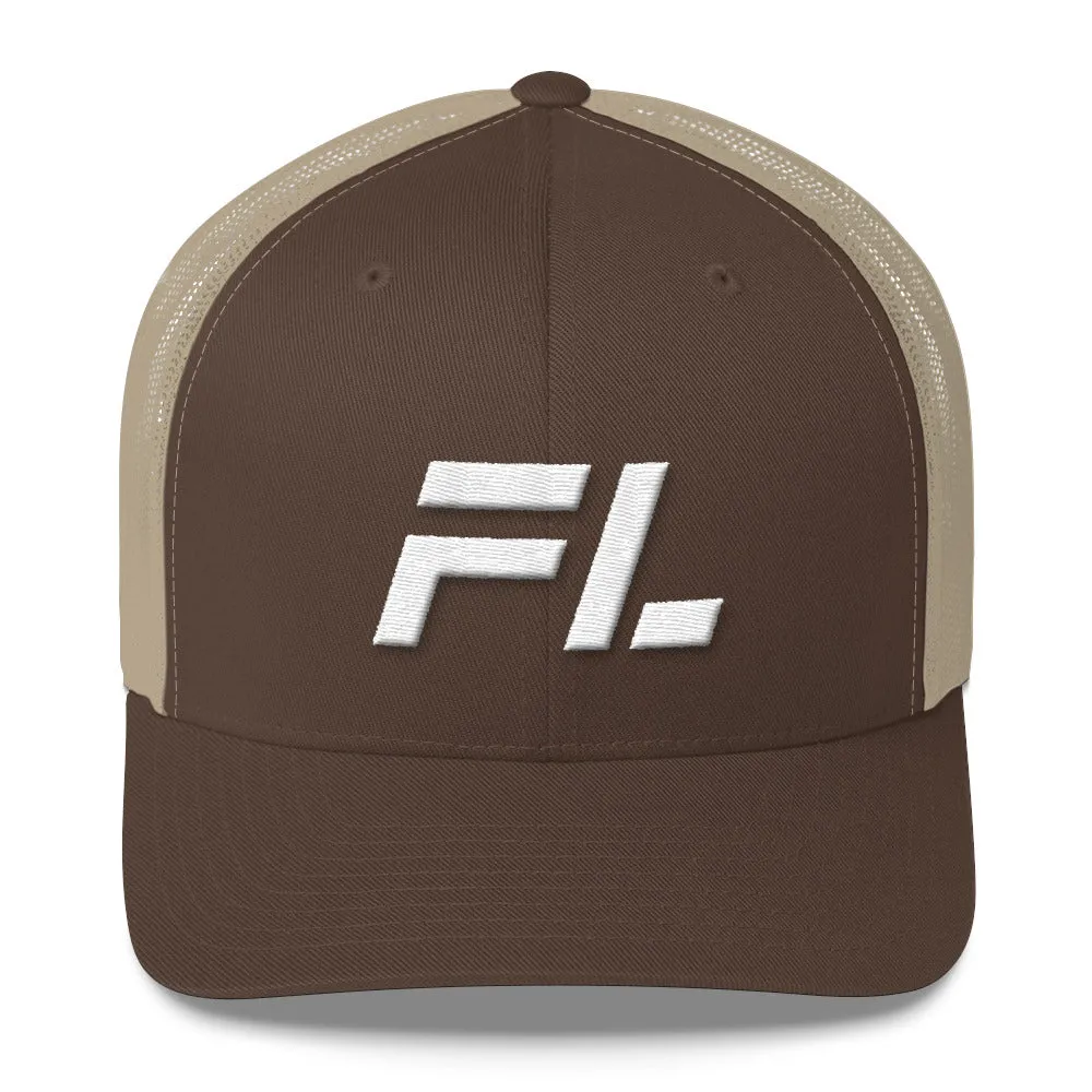 Florida - Mesh Back Trucker Cap - White Embroidery - FL - Many Hat Color Options Available