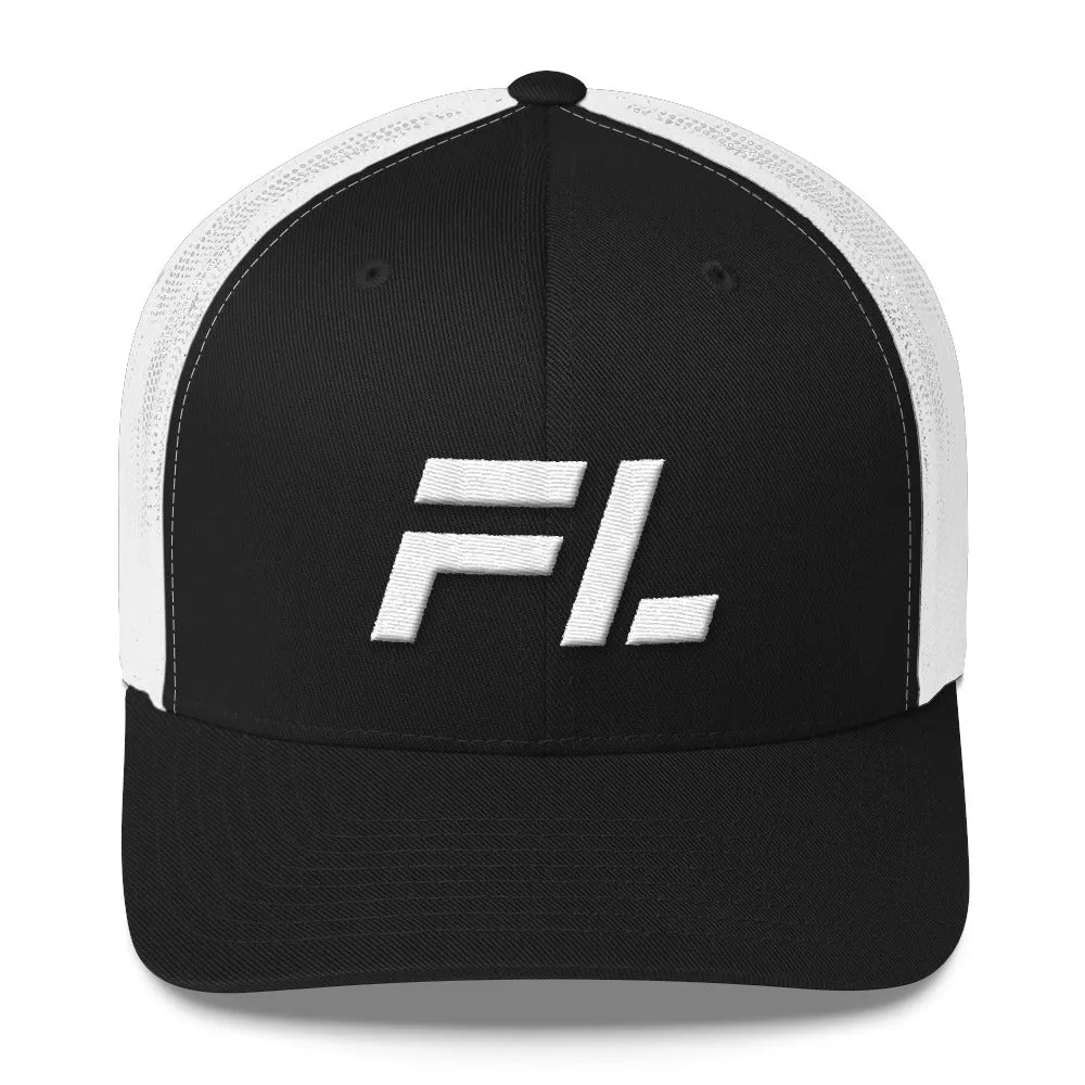 Florida - Mesh Back Trucker Cap - White Embroidery - FL - Many Hat Color Options Available