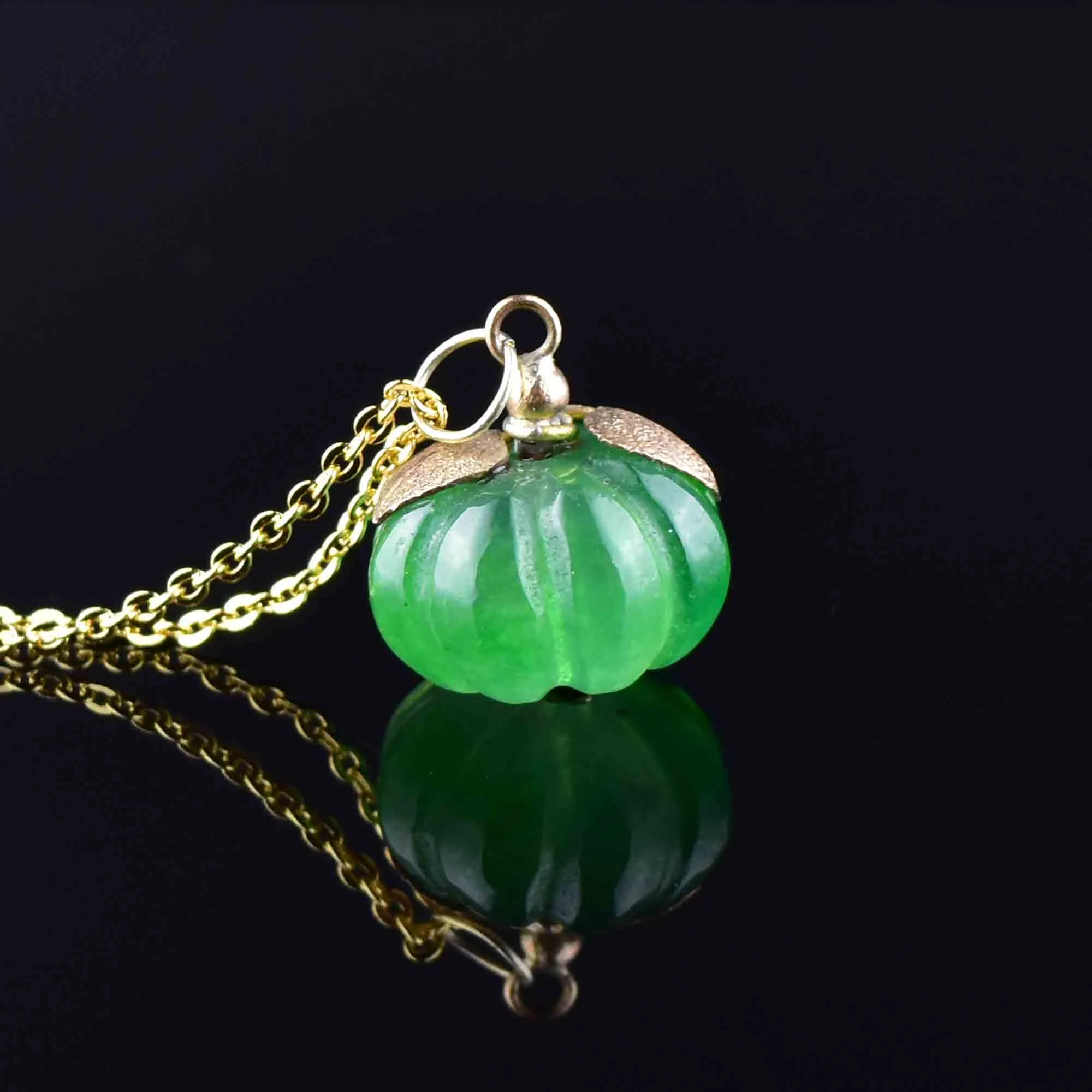 Gold Carved Jade Pumpkin Charm Necklace