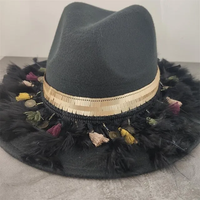 Gypsy Hat Wide Brim Fedora Panama 17 Different Styles & Colors You Choose Boho Wool Felt Hat With Coins Fringe Pom Poms Longhorn Tassels Mirrors Feathers Embroidery Check Them Out!