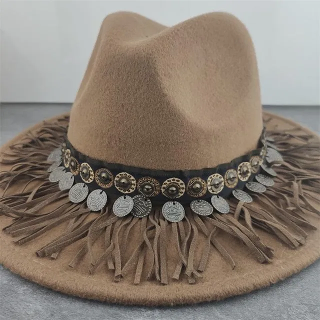 Gypsy Hat Wide Brim Fedora Panama 17 Different Styles & Colors You Choose Boho Wool Felt Hat With Coins Fringe Pom Poms Longhorn Tassels Mirrors Feathers Embroidery Check Them Out!