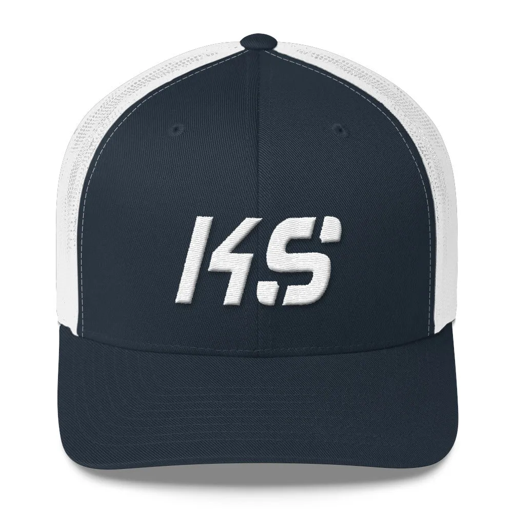 Kansas - Mesh Back Trucker Cap - White Embroidery - KS - Many Hat Color Options Available