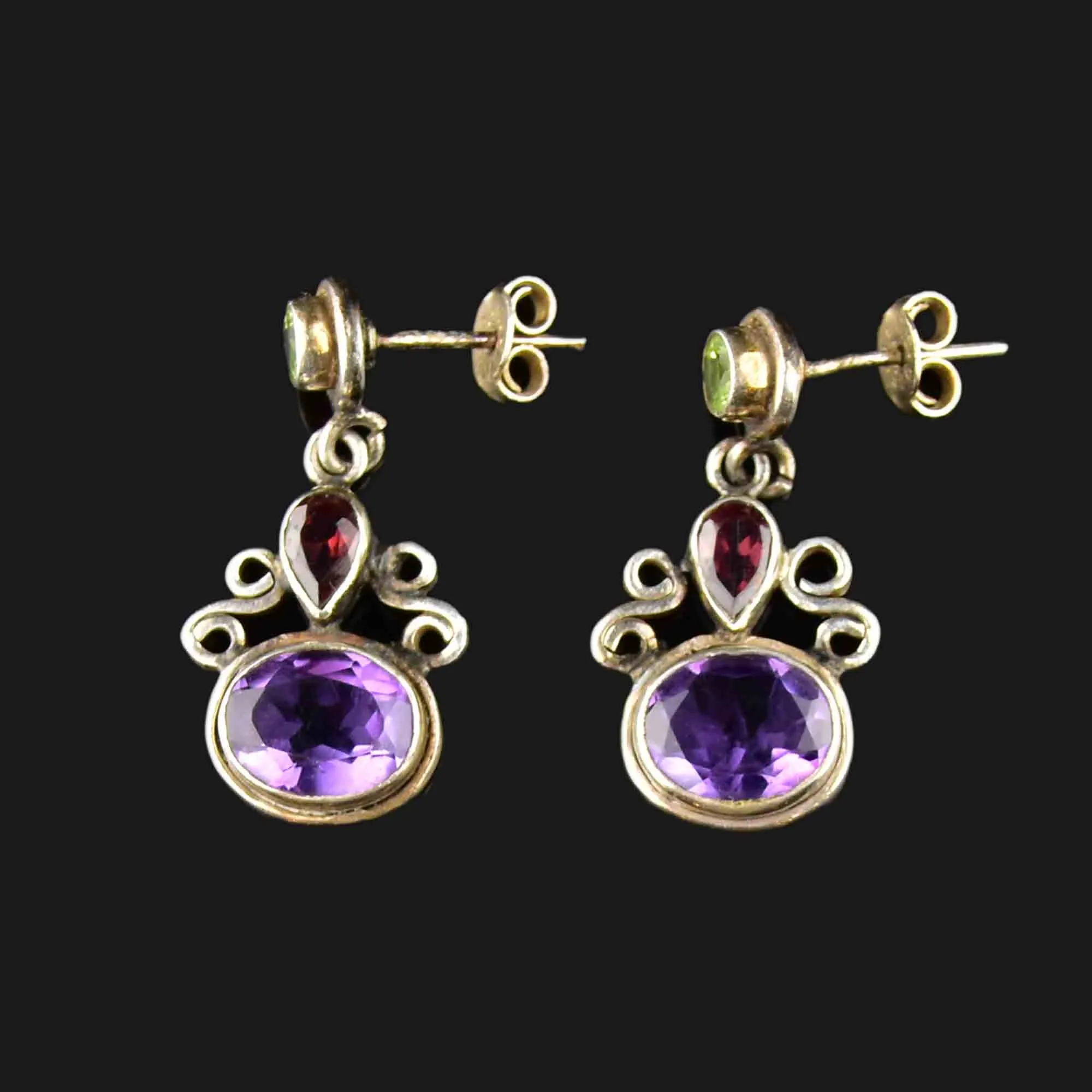 Silver Amethyst Peridot Garnet Post Drop Earrings