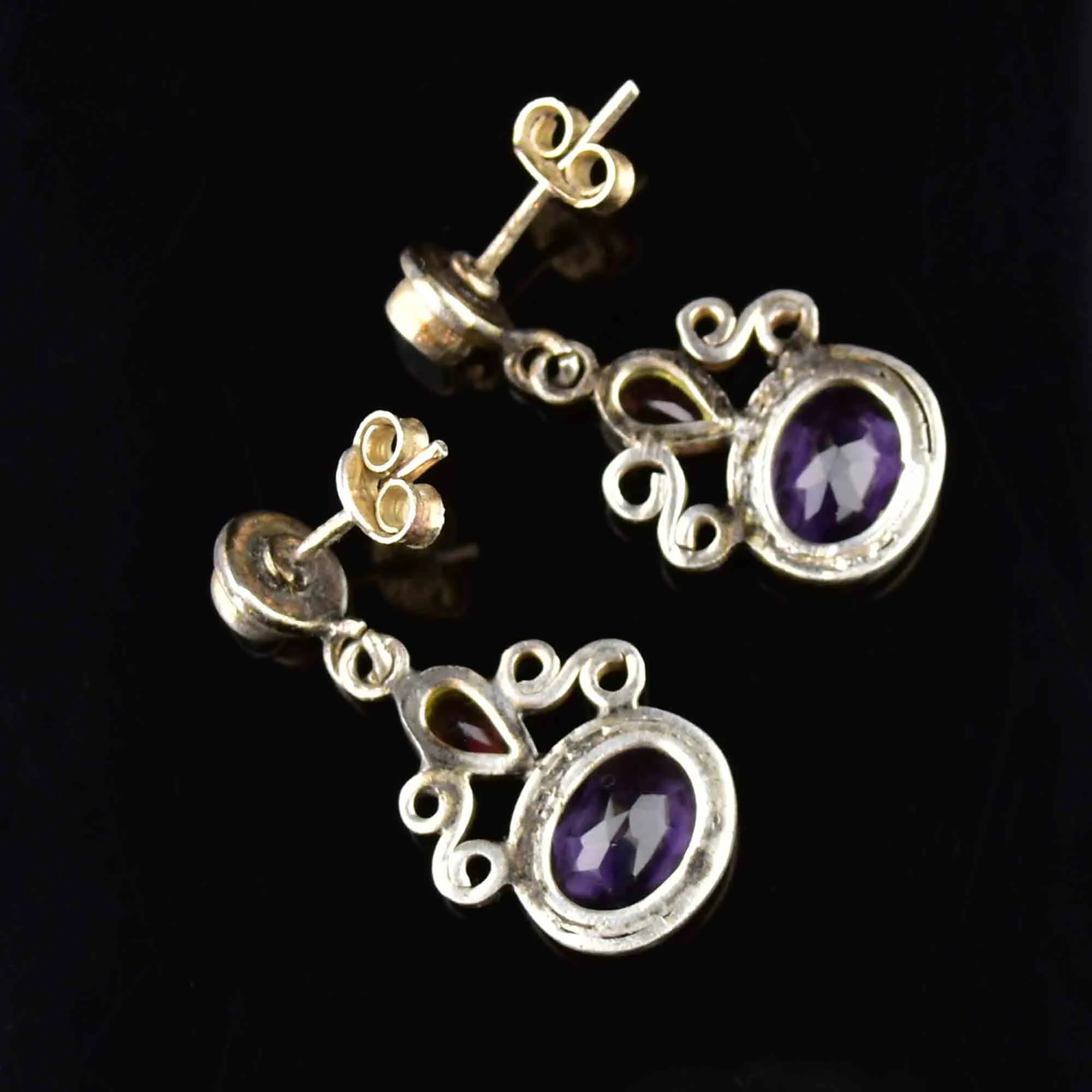 Silver Amethyst Peridot Garnet Post Drop Earrings