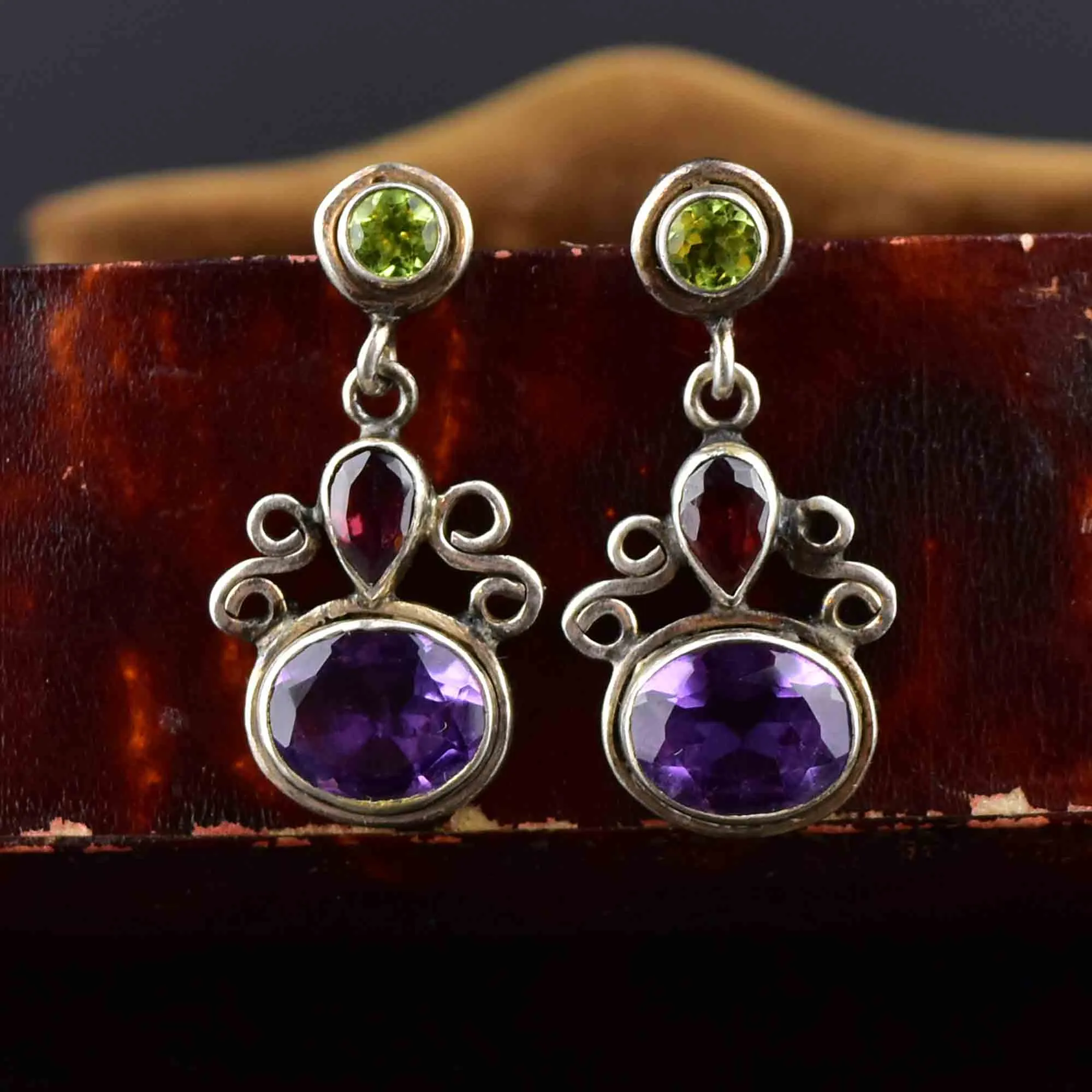 Silver Amethyst Peridot Garnet Post Drop Earrings