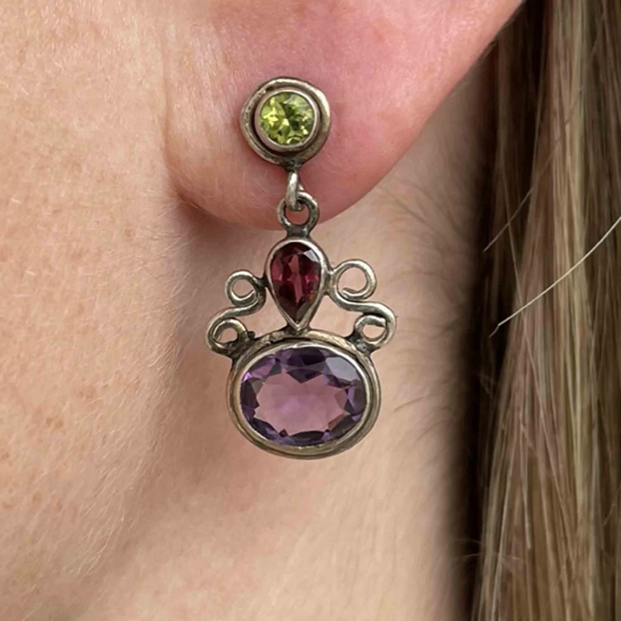 Silver Amethyst Peridot Garnet Post Drop Earrings