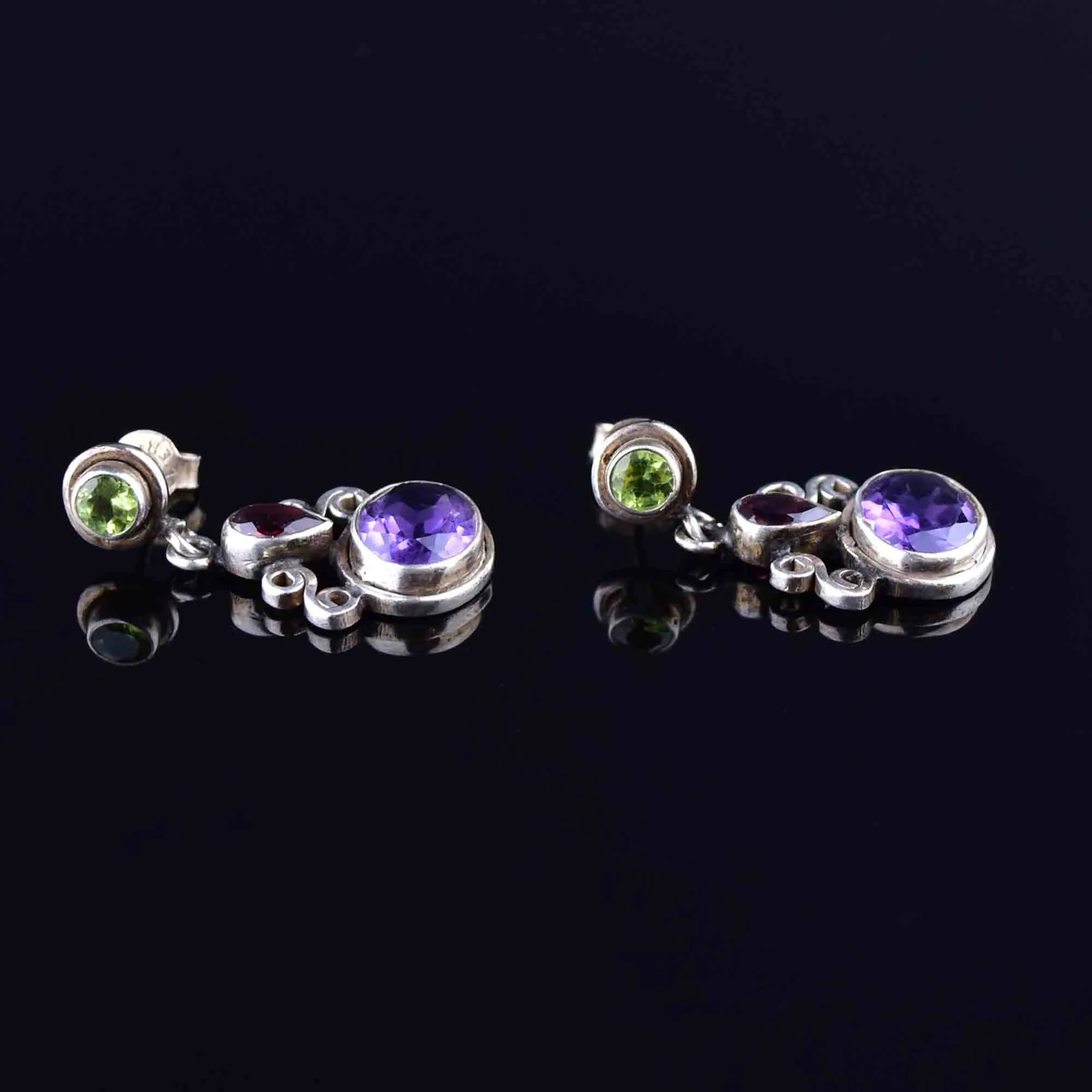 Silver Amethyst Peridot Garnet Post Drop Earrings