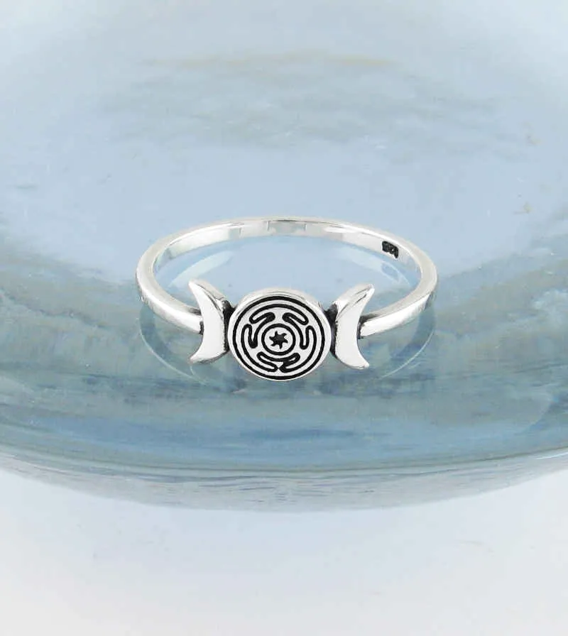 Triple Moon With Hecate's Wheel Symbol Ring