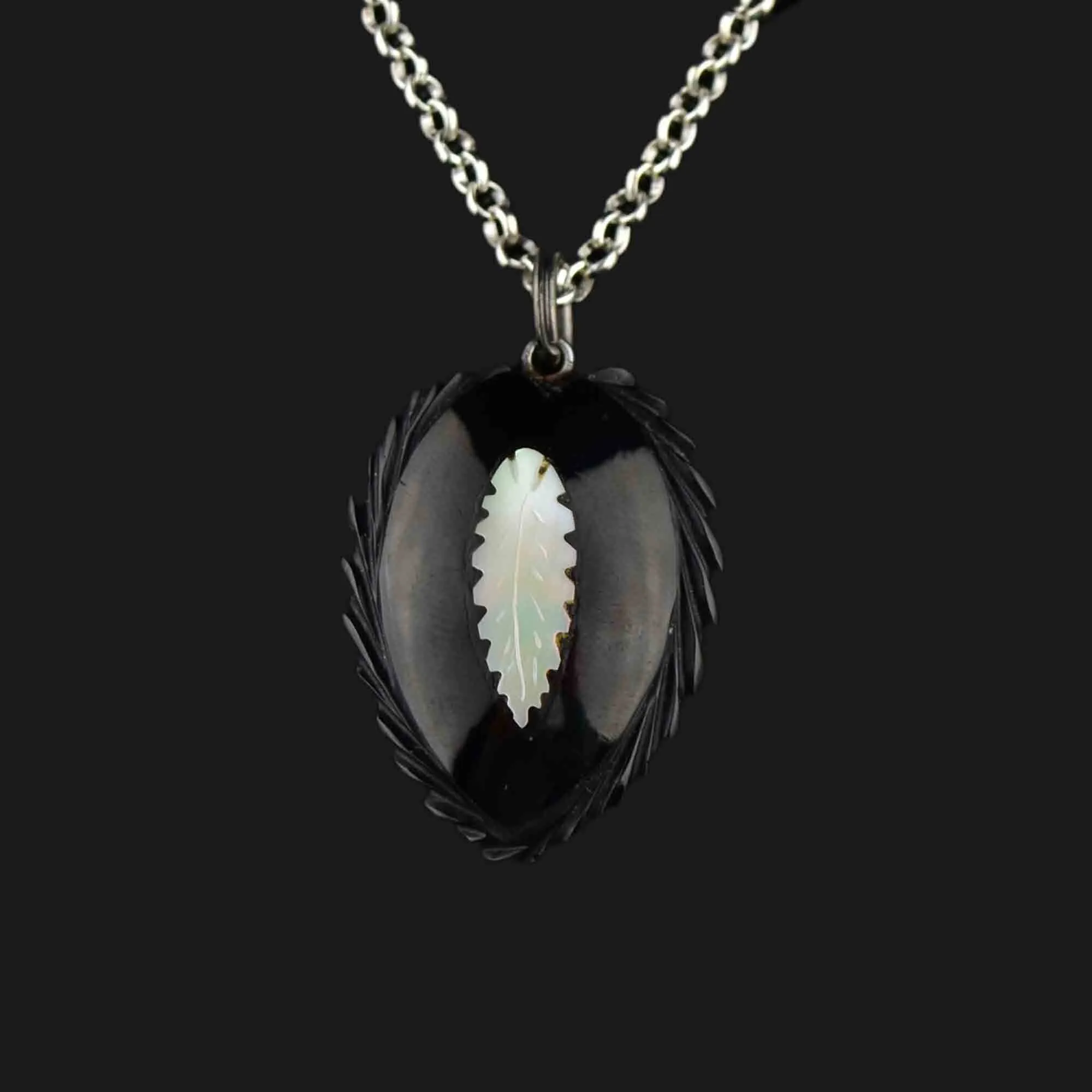 Victorian Mother of Pearl Feather Whitby Jet Pendant Necklace